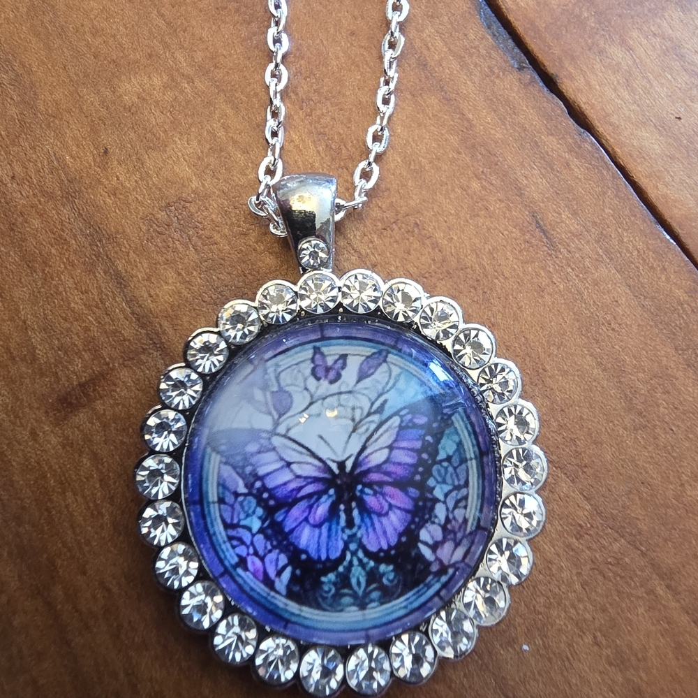 Purple Butterfly Silver Tone, Clear Rhinestone Bezel With A 22" Chain Necklace
